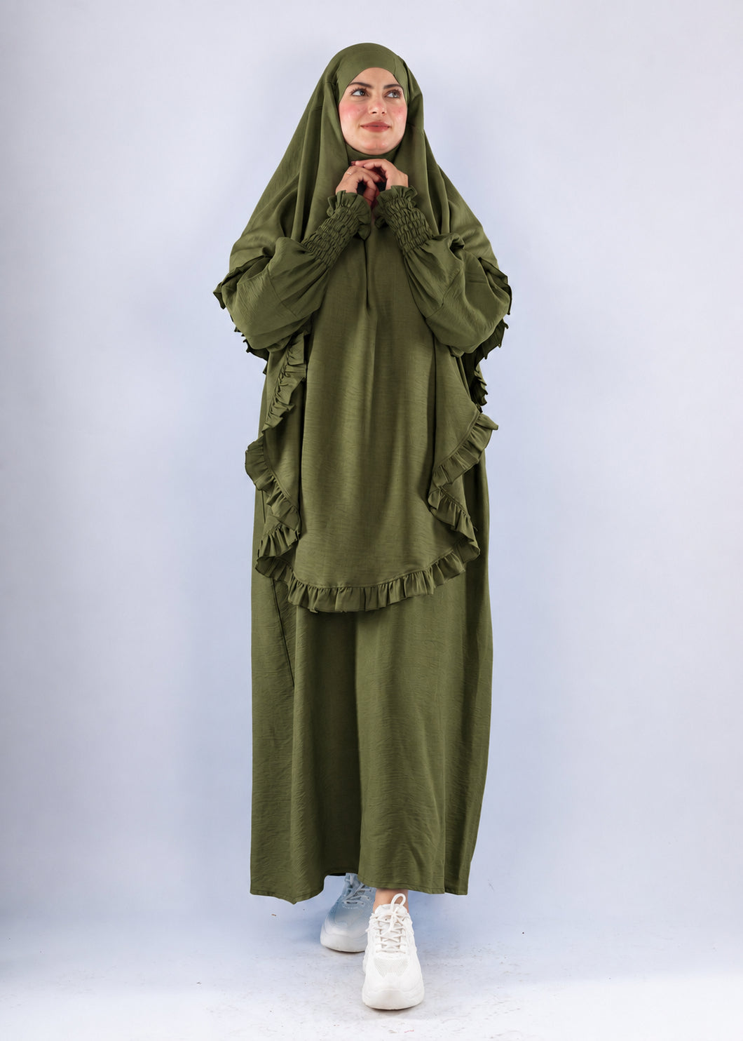 Radia Ruflles Linen Blend Prayer Set - Olive Green