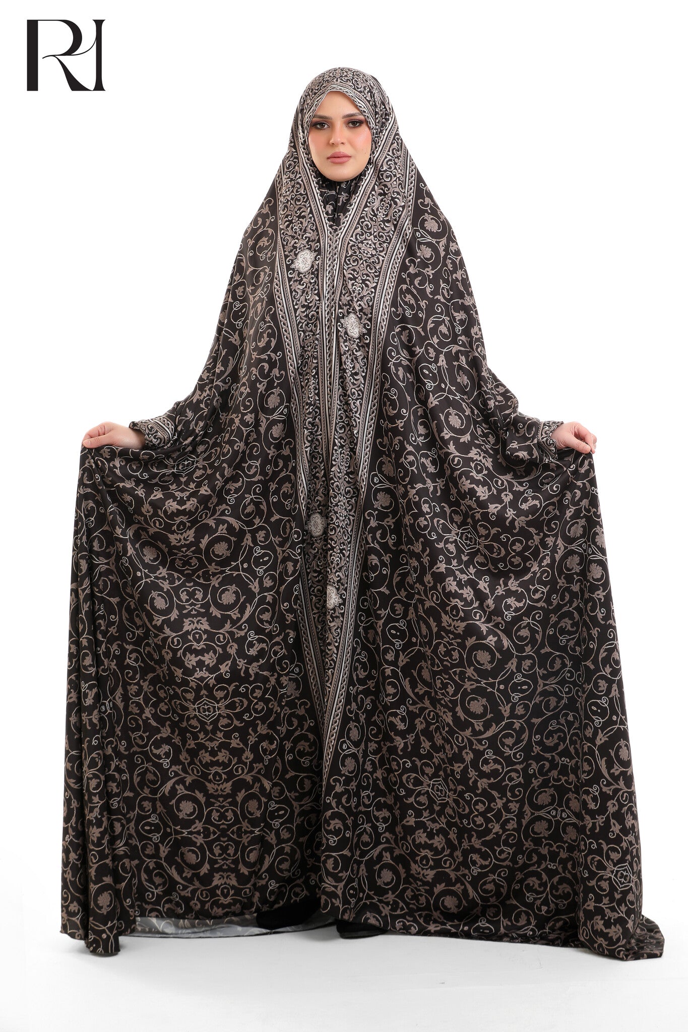 Noor Printed Blended Satin Prayer Gown - Dark Brown