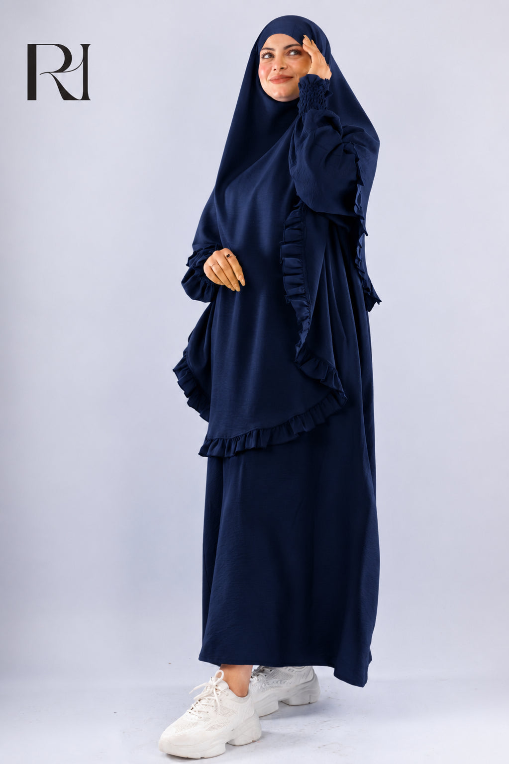 Radia Ruflles Linen Blend Prayer Set - Navy
