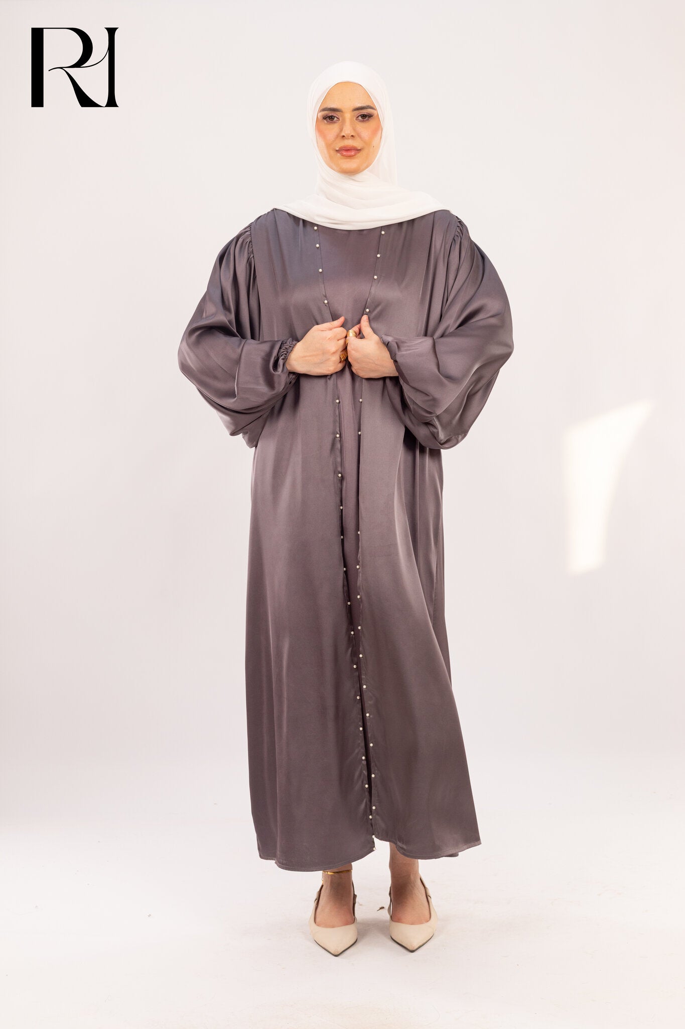 Rania Slate Grey Satin Pearl - Trim Dress - Ruehaya