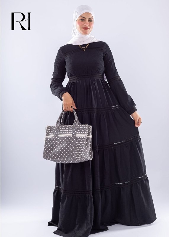 Rawan Black Tiered Maxi Dress Modest Long Sleeve - Ruehaya