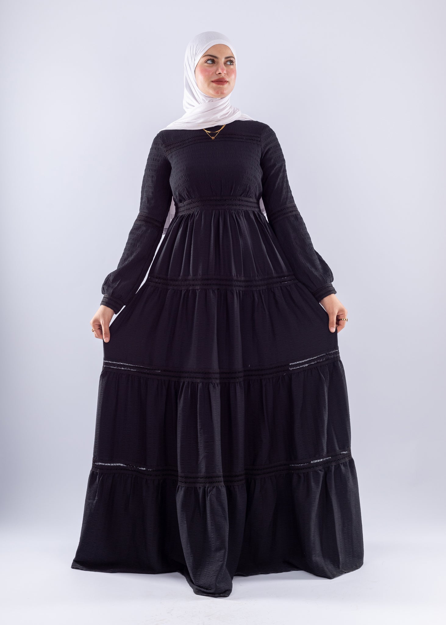 Rawan Black Tiered Maxi Dress Modest Long Sleeve - Ruehaya