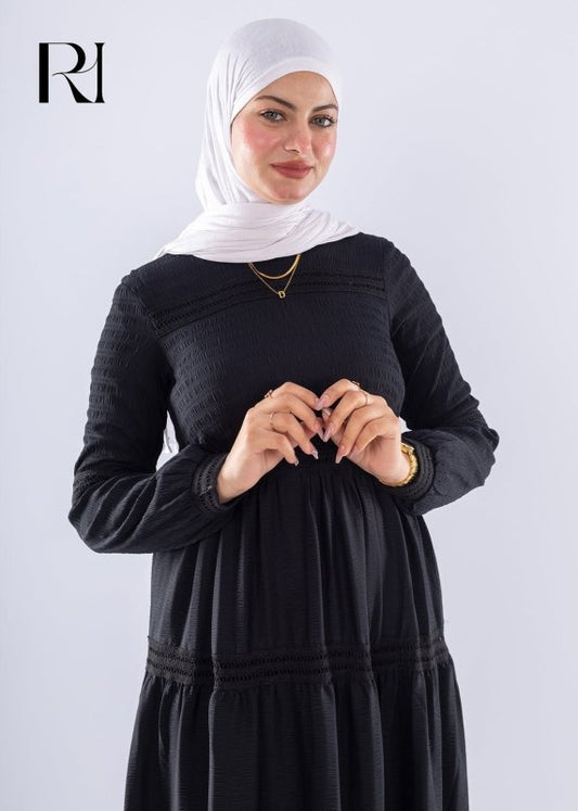 Rawan Black Tiered Maxi Dress Modest Long Sleeve - Ruehaya