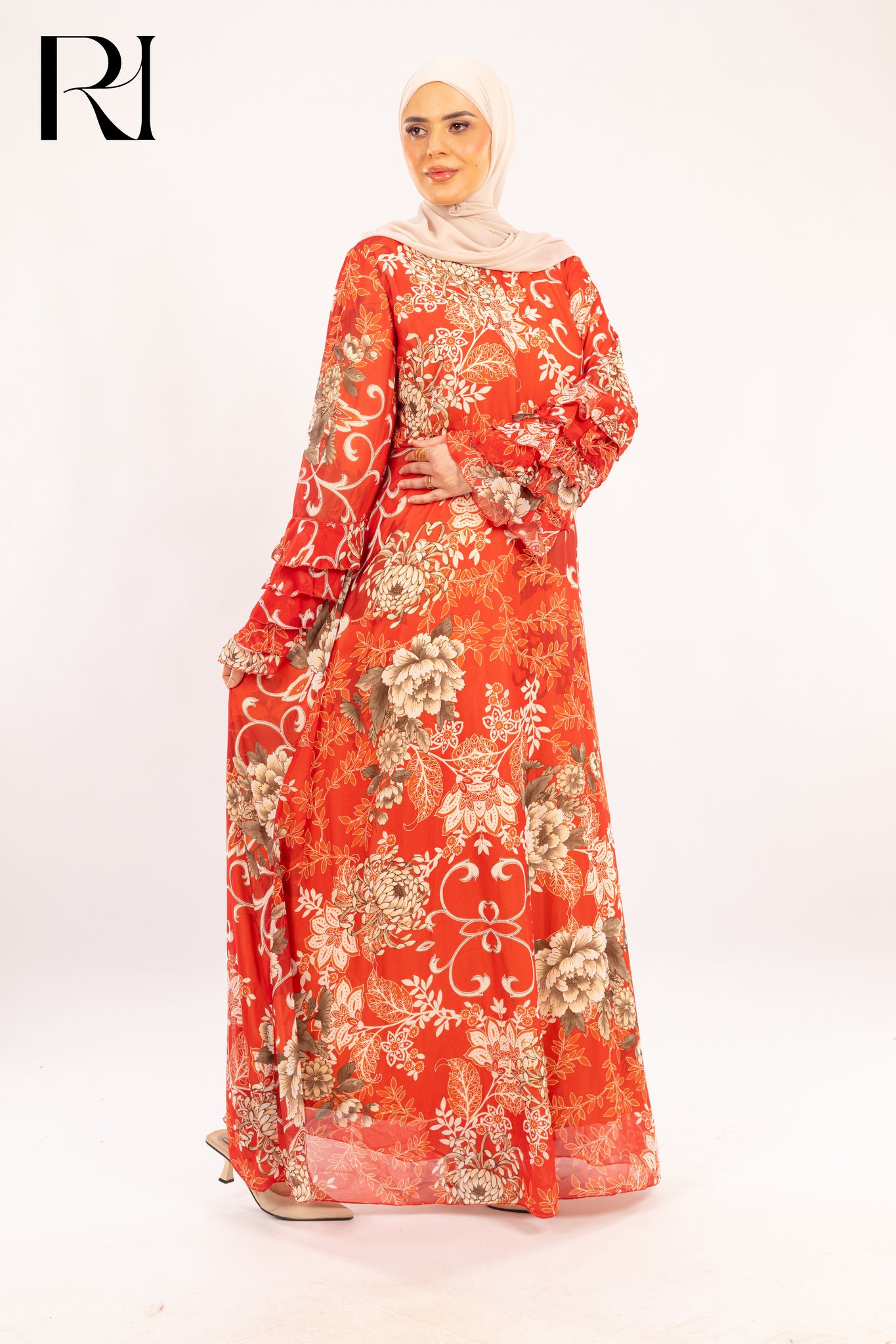 Coral Bloom Boho Floral Print Maxi Dress