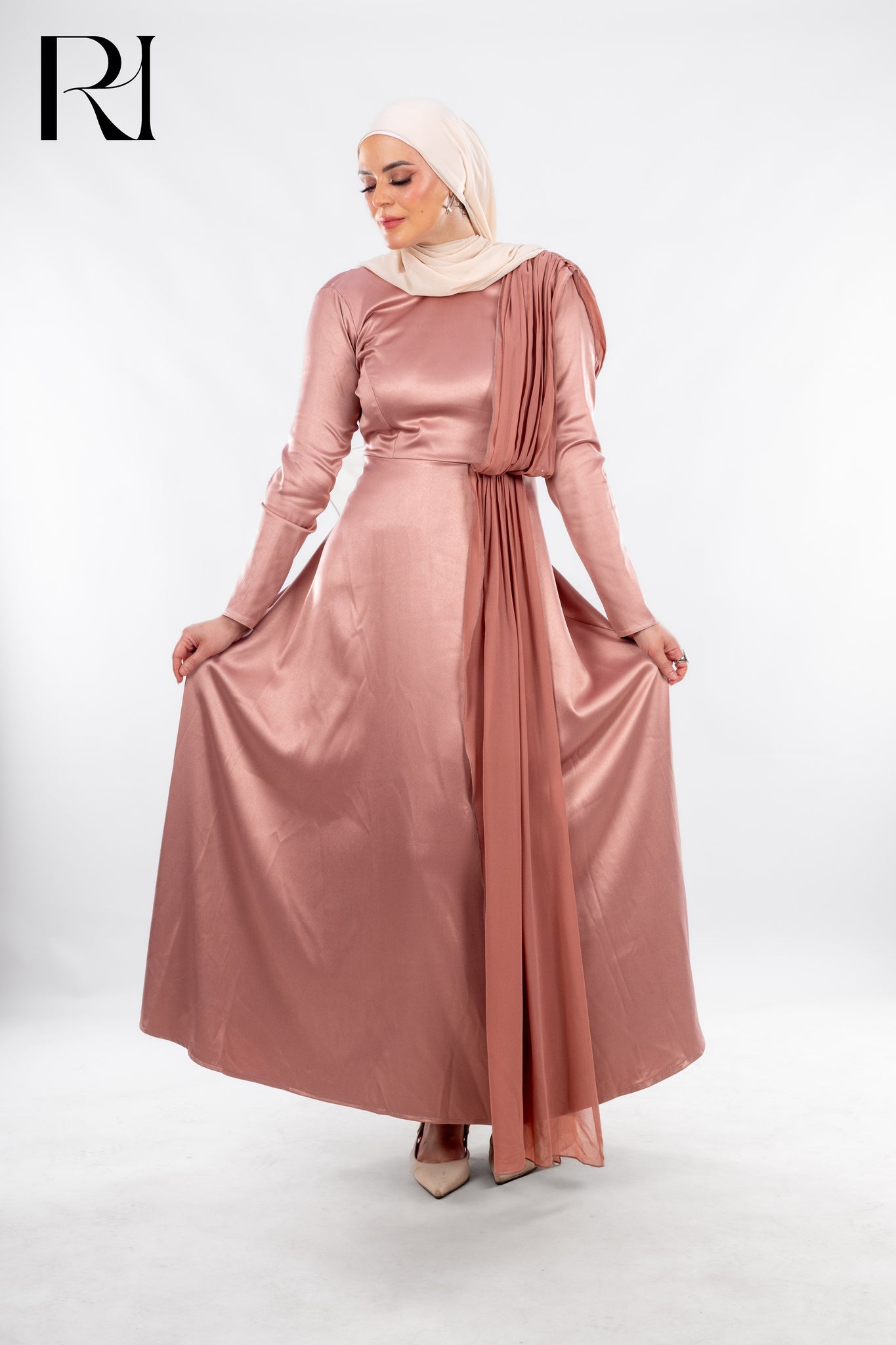 Rose Mirage Satin Elegance Draped in Grace - Ruehaya