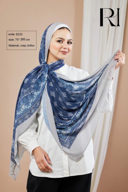 Ruehaya Blue & Grey Crepe Chiffon Scarf - Ruehaya