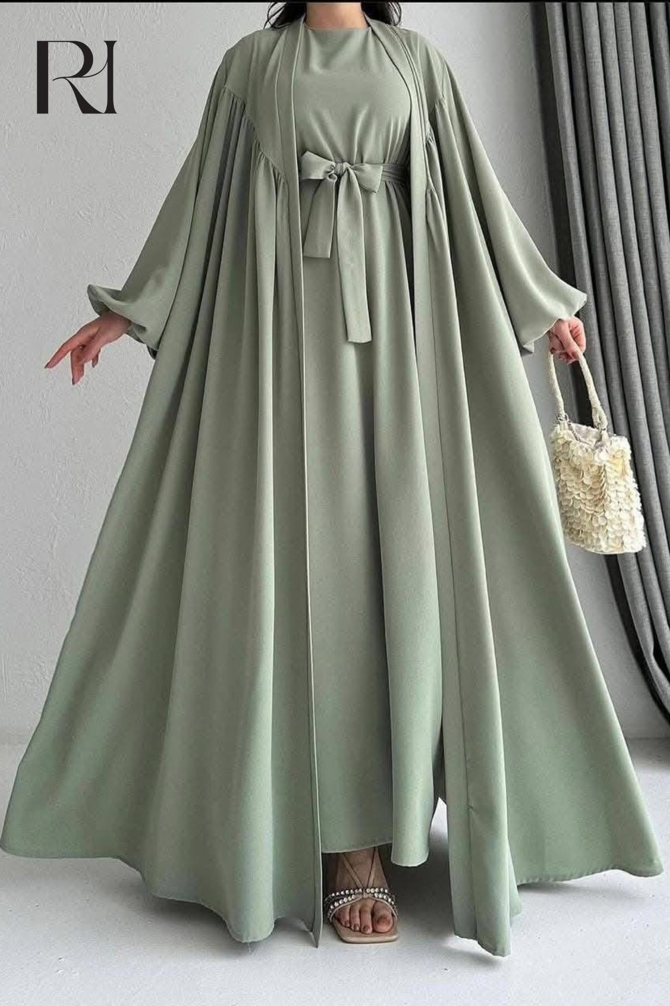 Sage Elegance Flowy Abaya Set - Ruehaya
