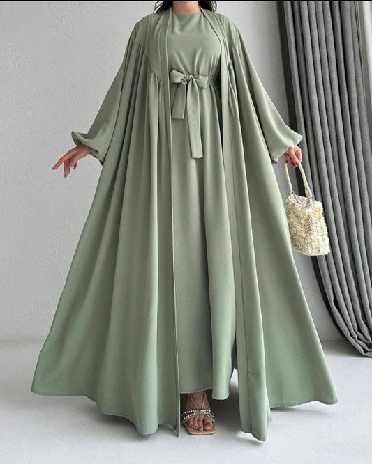 Sage Elegance Flowy Abaya Set - Ruehaya