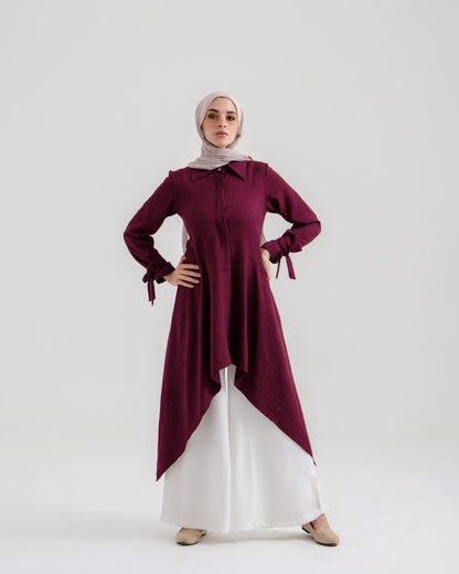 Sahar Plum Drape Asymmetrical Modest Tunic with Tied Sleeve - Ruehaya