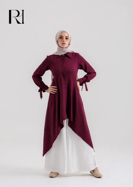 Sahar Plum Drape Asymmetrical Modest Tunic with Tied Sleeve - Ruehaya