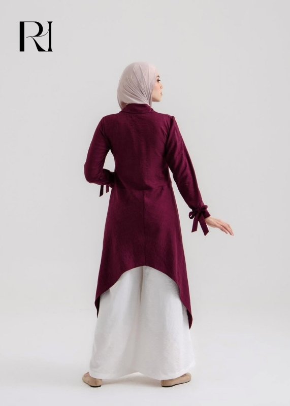 Sahar Plum Drape Asymmetrical Modest Tunic with Tied Sleeve - Ruehaya