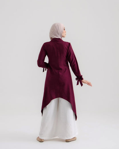 Sahar Plum Drape Asymmetrical Modest Tunic with Tied Sleeve - Ruehaya