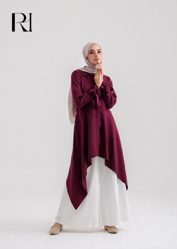 Sahar Plum Drape Asymmetrical Modest Tunic with Tied Sleeve - Ruehaya