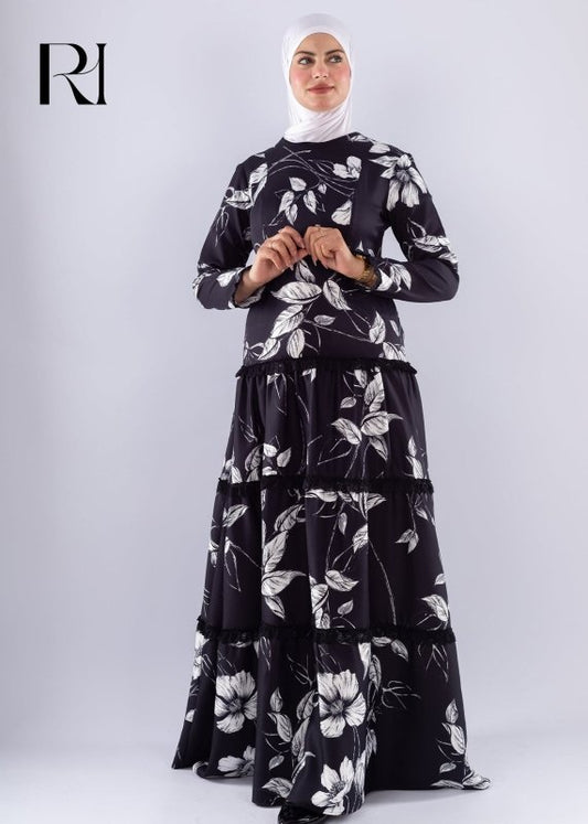Salma Black and white Chiffon dress - Ruehaya