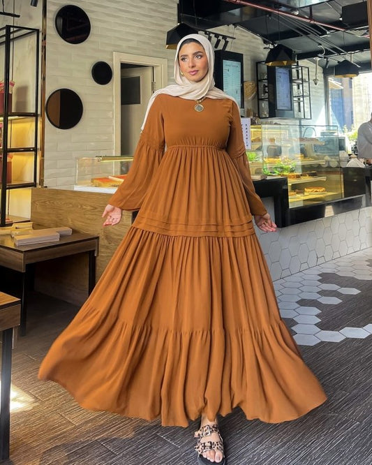 Samaa Classic Long Sleeve Chiffon Brown Dress - Ruehaya
