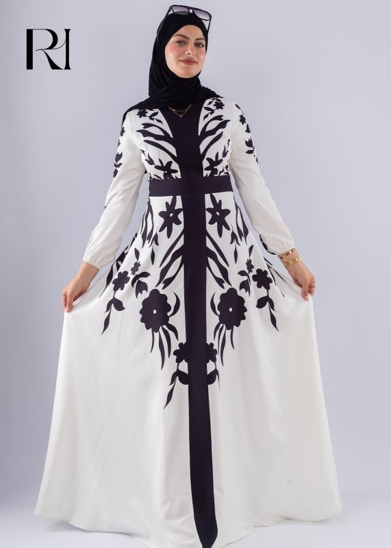Samar Black & White Floral Modesty Dress - Ruehaya