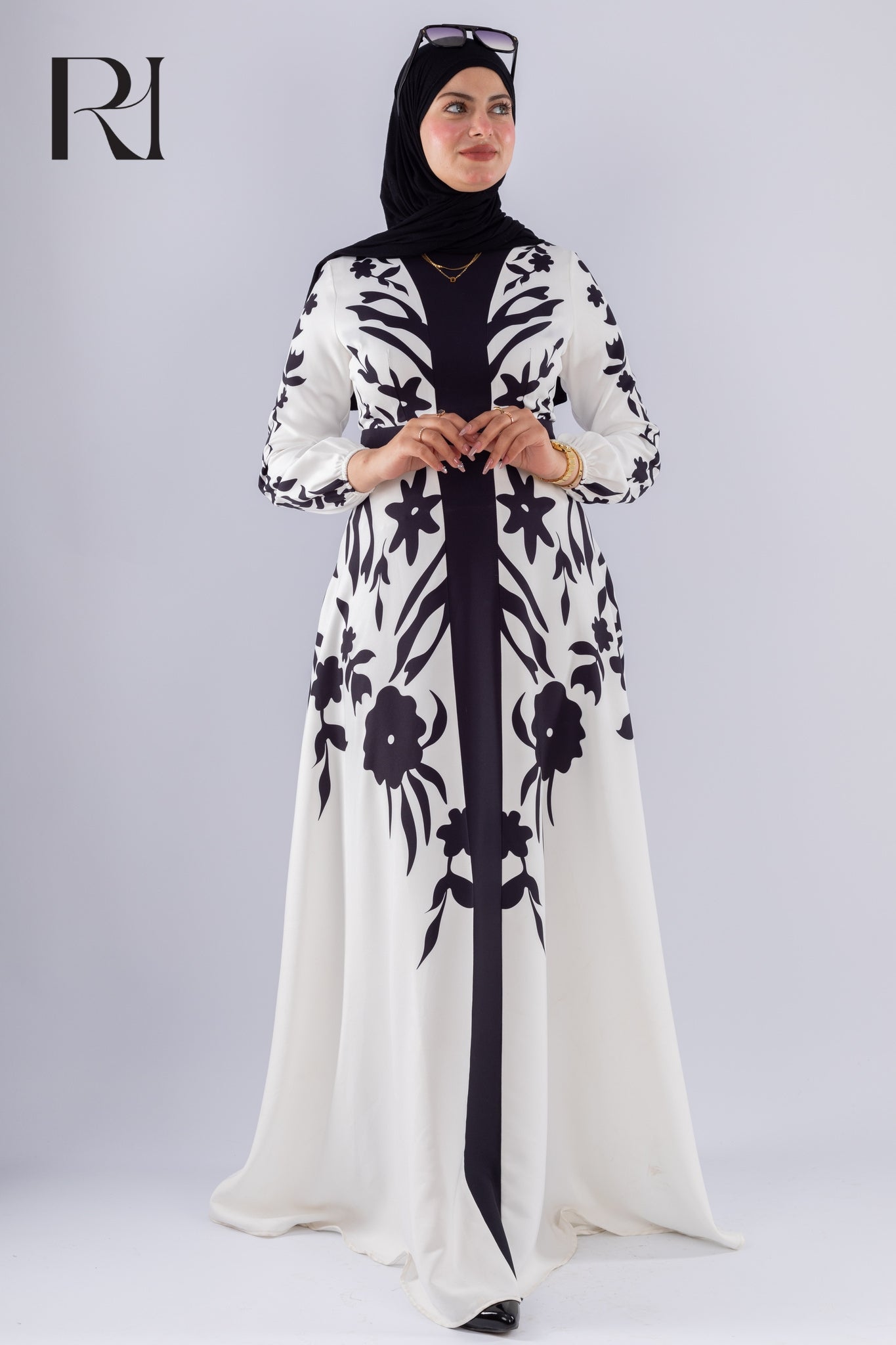 Samar Black & White Floral Modesty Dress - Ruehaya