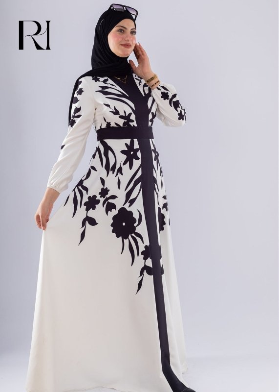 Samar Black & White Floral Modesty Dress - Ruehaya