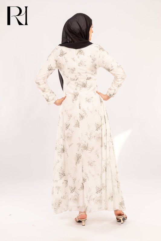 Sara white floral chiffon maxi modest dress - Ruehaya