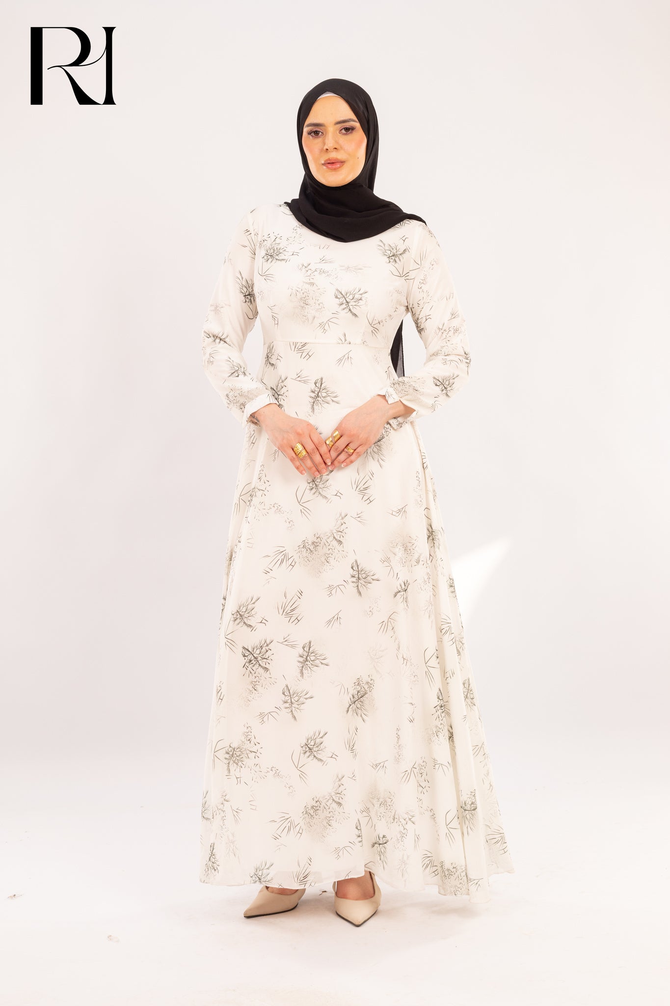 Sara white floral chiffon maxi modest dress - Ruehaya