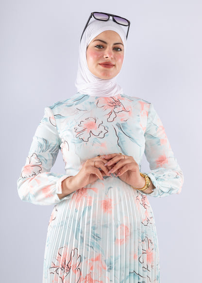 Sereen Elegant White Floral Pleated Modesty Dress - Ruehaya