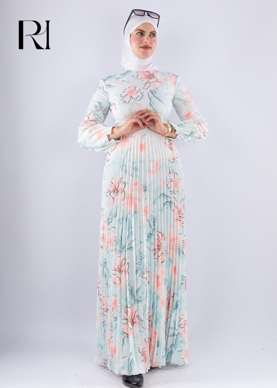 Sereen Elegant White Floral Pleated Modesty Dress - Ruehaya