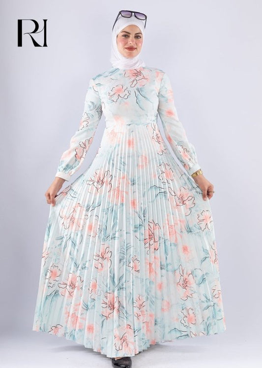 Sereen Elegant White Floral Pleated Modesty Dress - Ruehaya