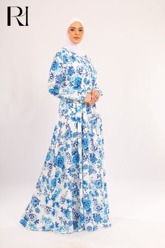 Shahd Blue Floral Chiffon Maxi Modest Dress - Ruehaya