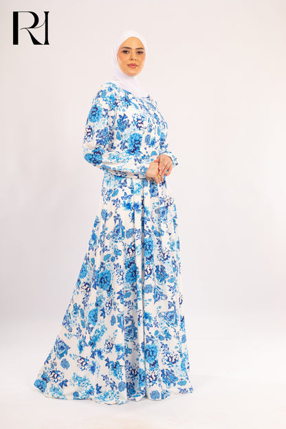 Shahd Blue Floral Chiffon Maxi Modest Dress - Ruehaya