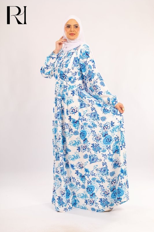 Shahd Blue Floral Chiffon Maxi Modest Dress - Ruehaya