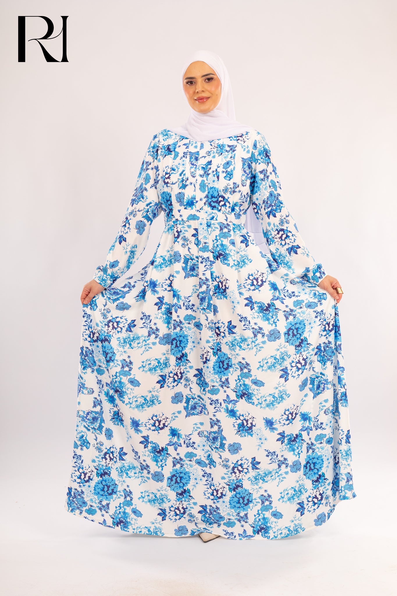 Shahd Blue Floral Chiffon Maxi Modest Dress - Ruehaya