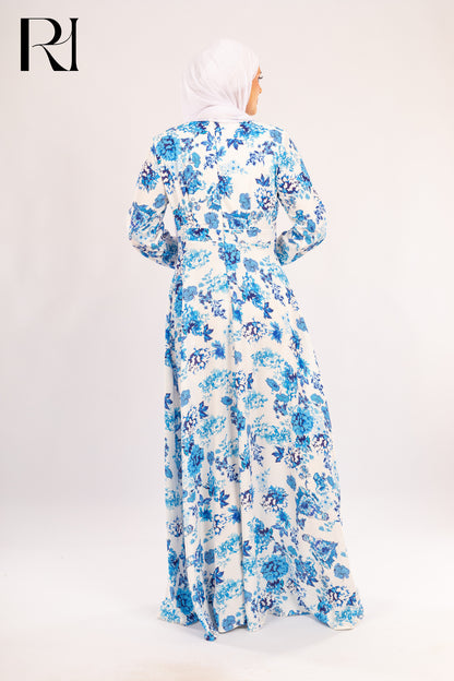 Shahd Blue Floral Chiffon Maxi Modest Dress - Ruehaya