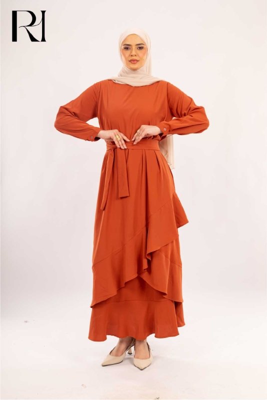 Sienna Terracotta Asymmetrical Ruffle Dress - Ruehaya