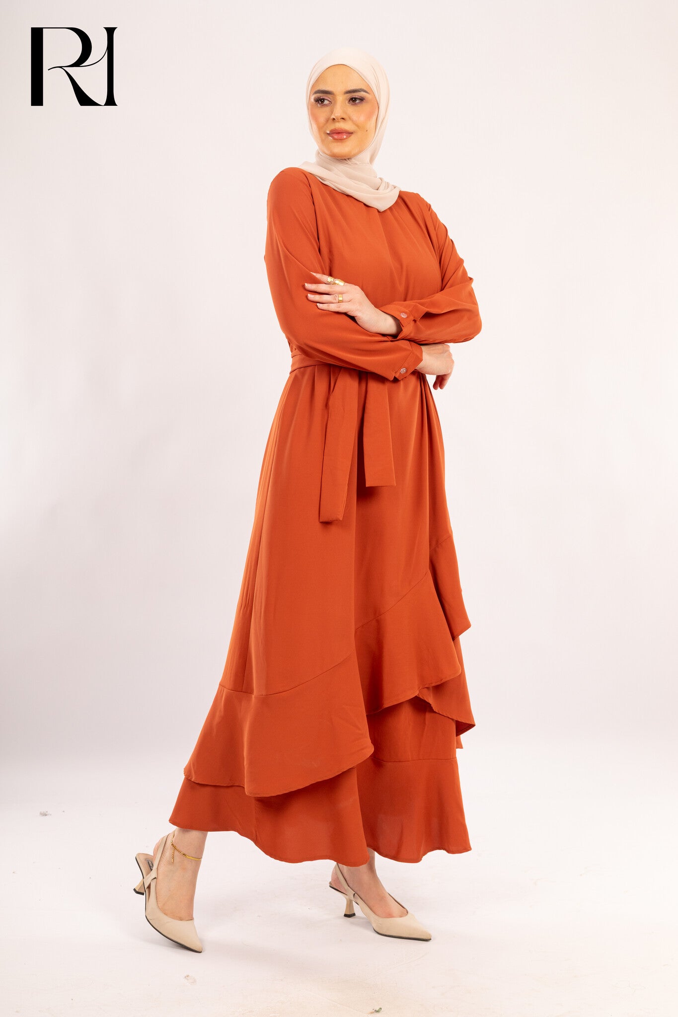 Sienna Terracotta Asymmetrical Ruffle Dress - Ruehaya