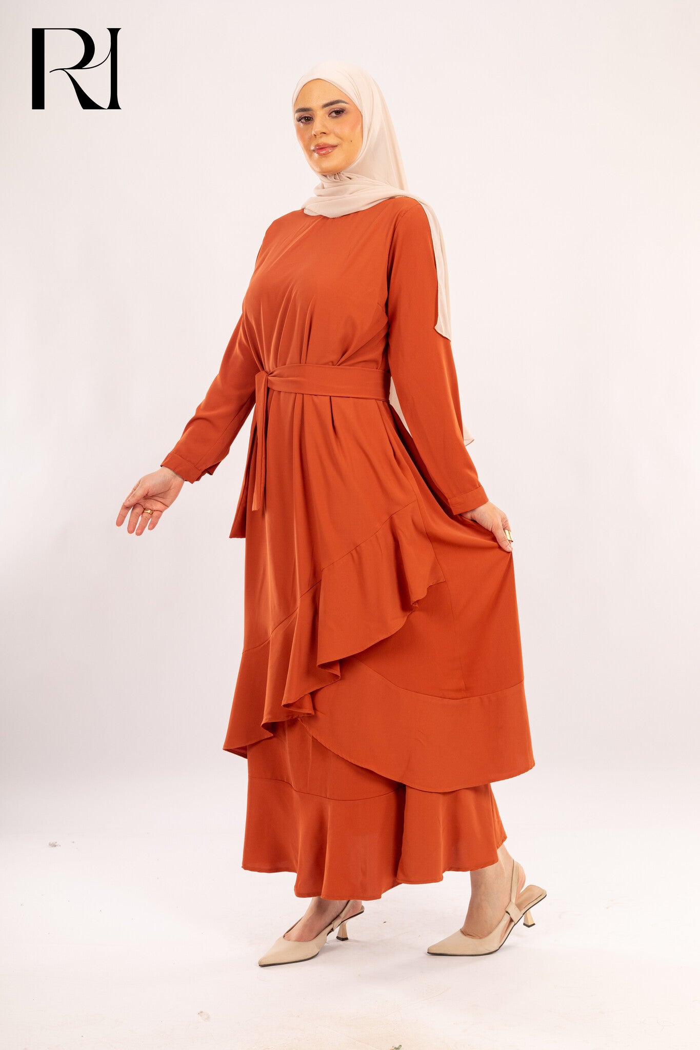 Sienna Terracotta Asymmetrical Ruffle Dress - Ruehaya