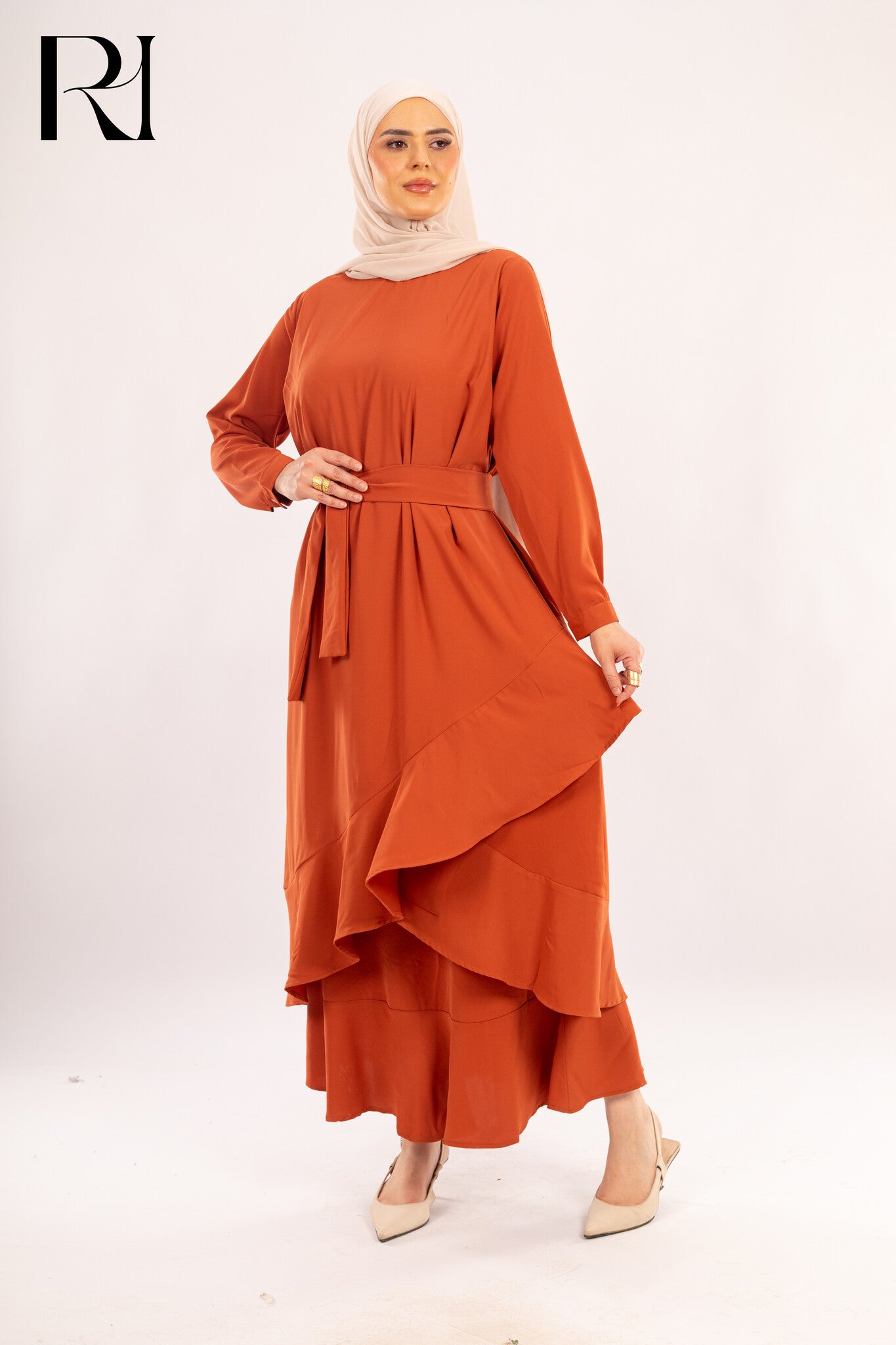 Sienna Terracotta Asymmetrical Ruffle Dress - Ruehaya