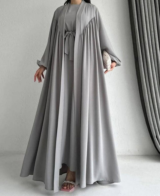 Silver Elegance Flowy Abaya Set - Ruehaya