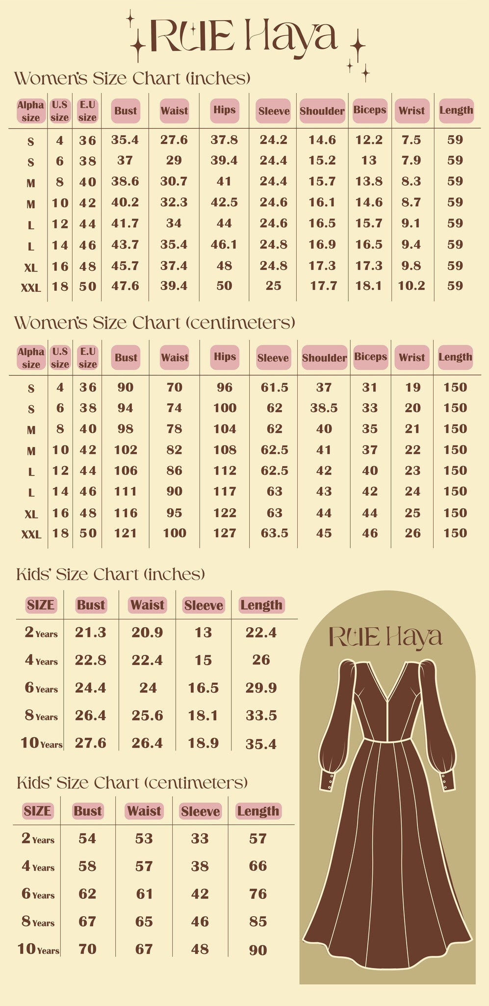 Ruehaya Size Chart