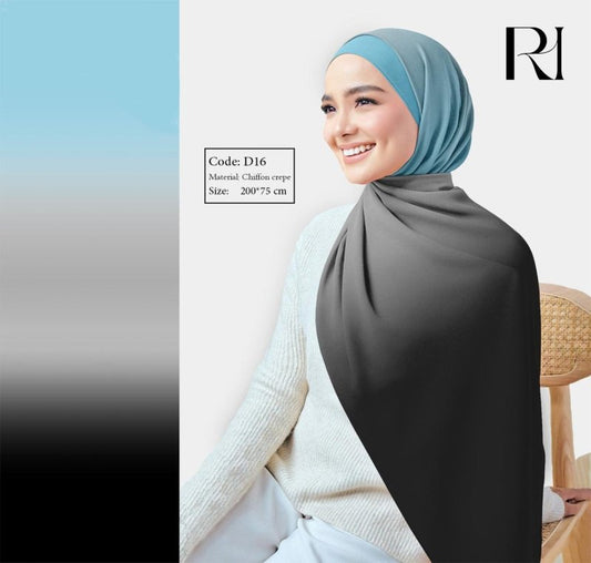 Soft Meets Bold Gradient Baby Blue & Black Chiffon Crepe Scarf - Ruehaya