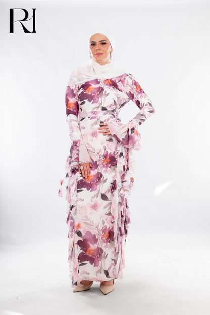Soft Pastel Floral Maxi Dress with Ruffle Elegance - Ruehaya
