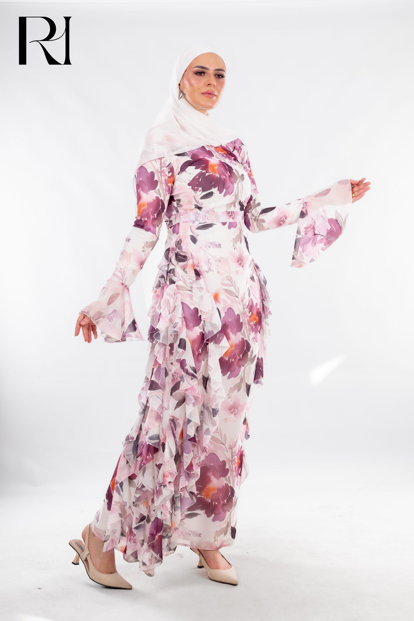 Soft Pastel Floral Maxi Dress with Ruffle Elegance - Ruehaya