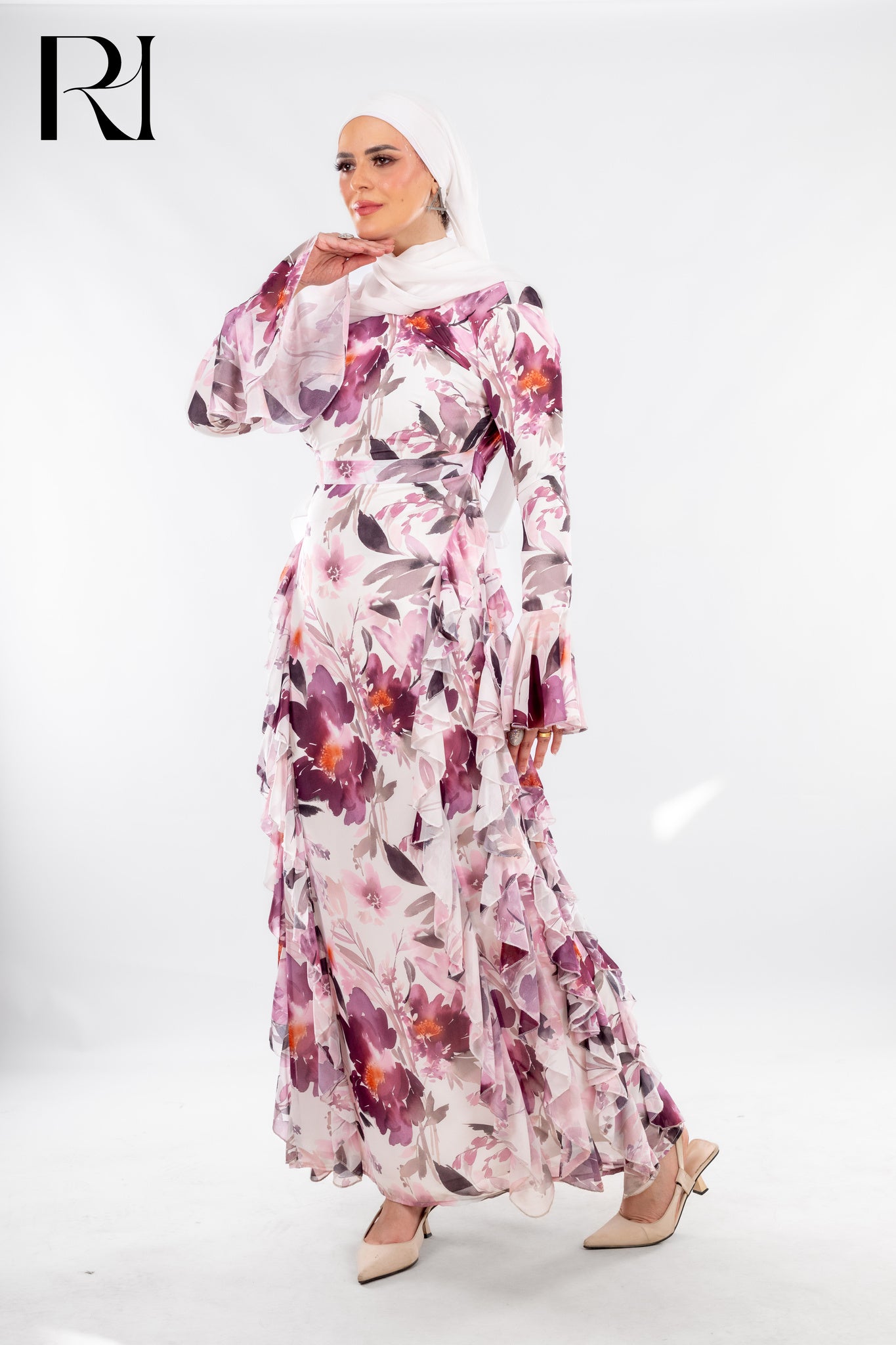 Soft Pastel Floral Maxi Dress with Ruffle Elegance - Ruehaya