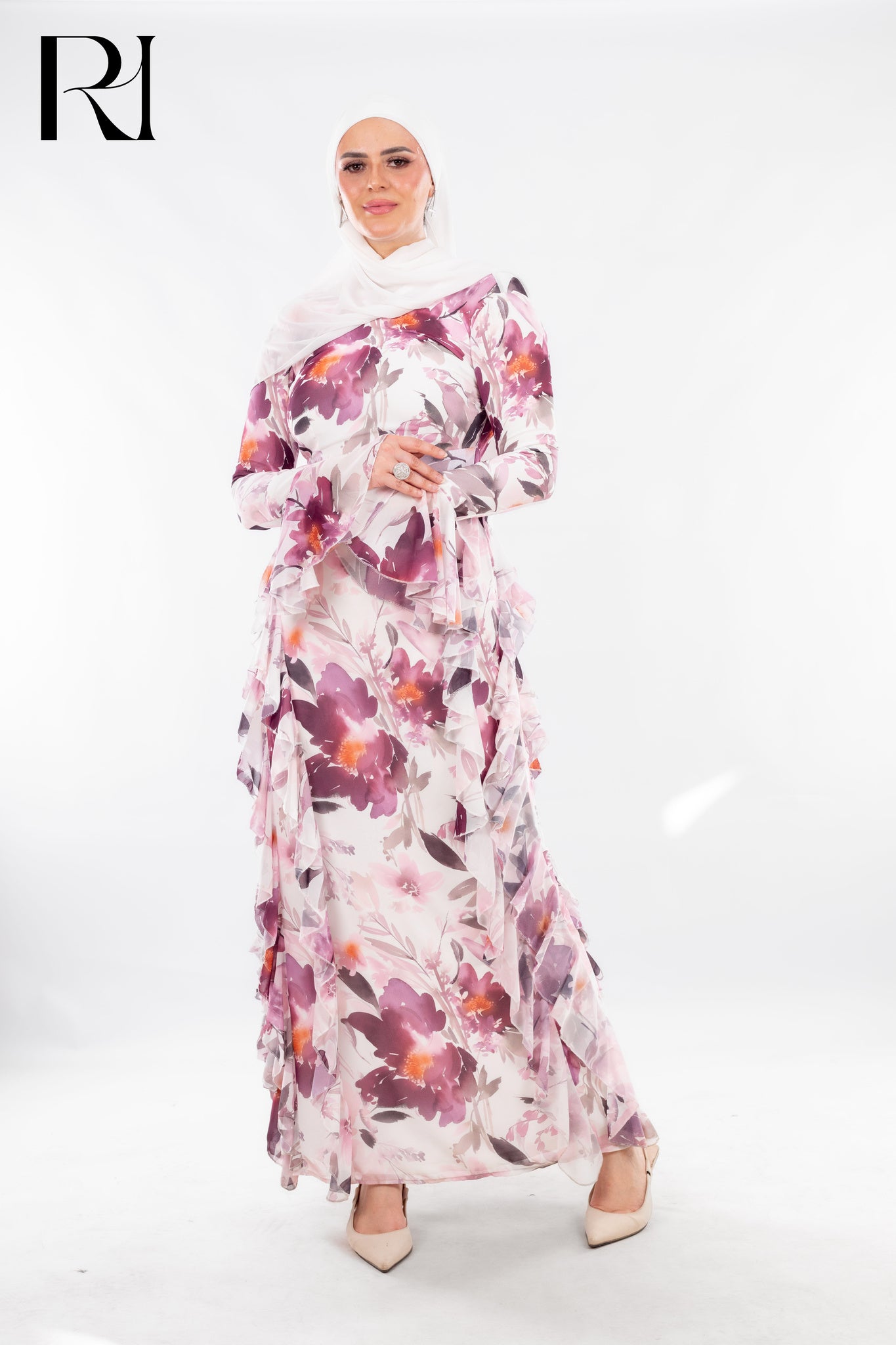 Soft Pastel Floral Maxi Dress with Ruffle Elegance - Ruehaya