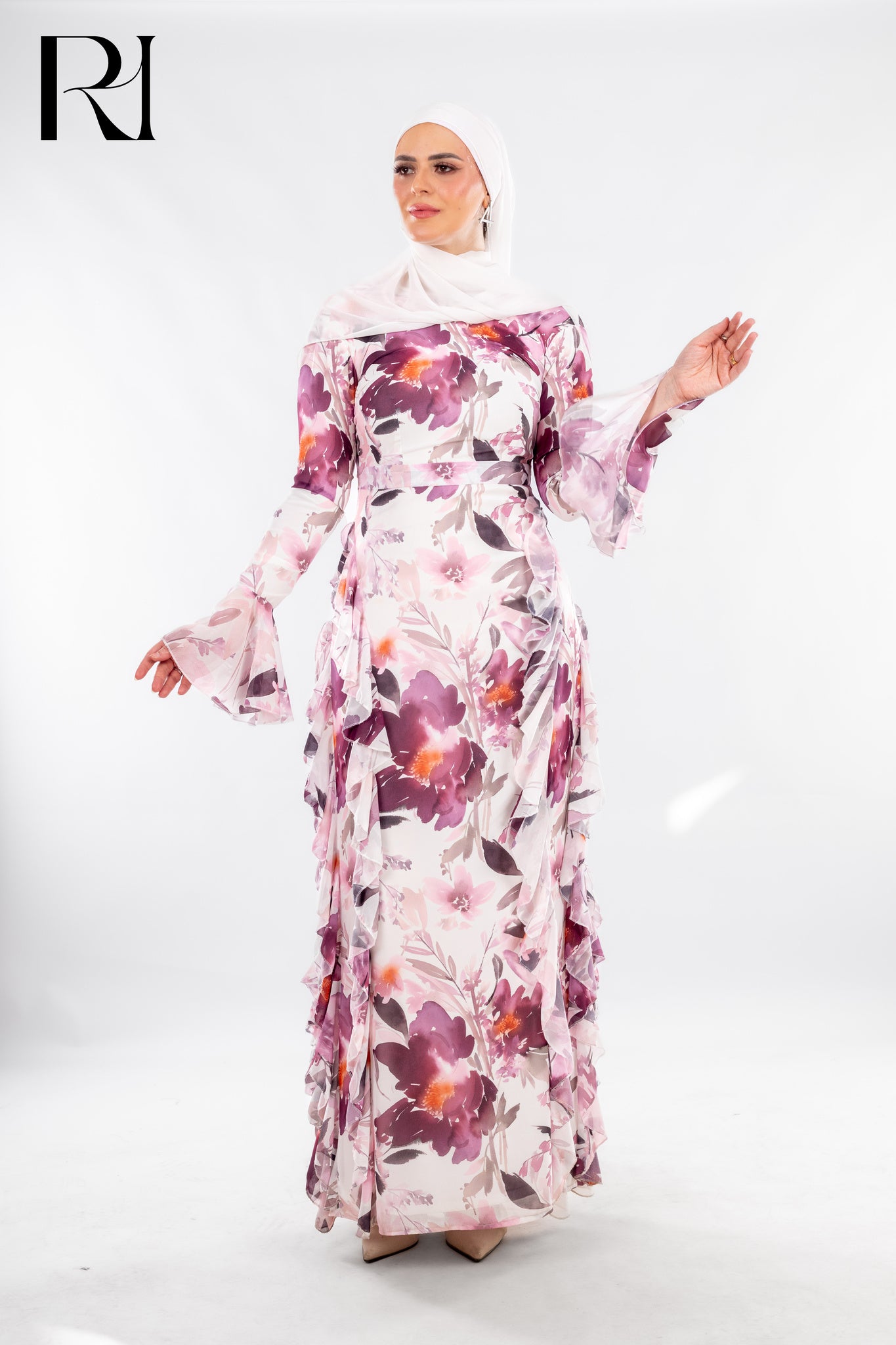 Soft Pastel Floral Maxi Dress with Ruffle Elegance - Ruehaya