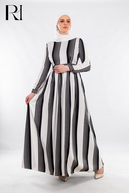 Striped Black & White Modest Maxi Dress with Sleek Poise - Ruehaya