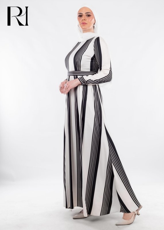 Striped Black & White Modest Maxi Dress with Sleek Poise - Ruehaya