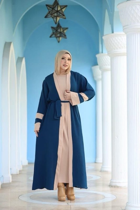 Stylish Blue & Beige Abaya with Belted Waist - Ruehaya