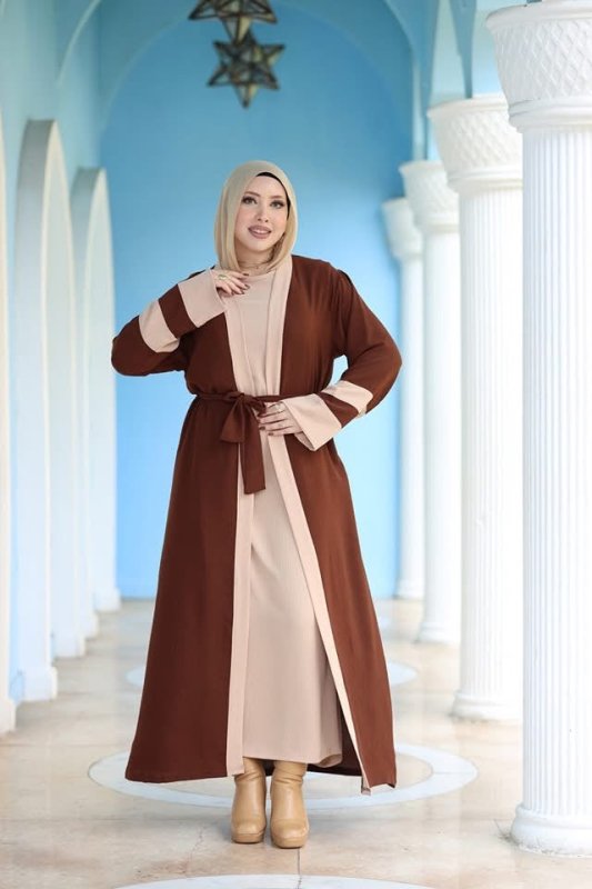 Stylish Brown & Beige Abaya with Belted Waist - Ruehaya