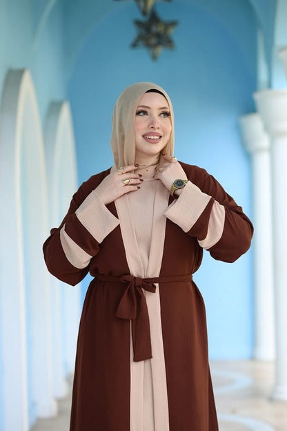 Stylish Brown & Beige Abaya with Belted Waist - Ruehaya