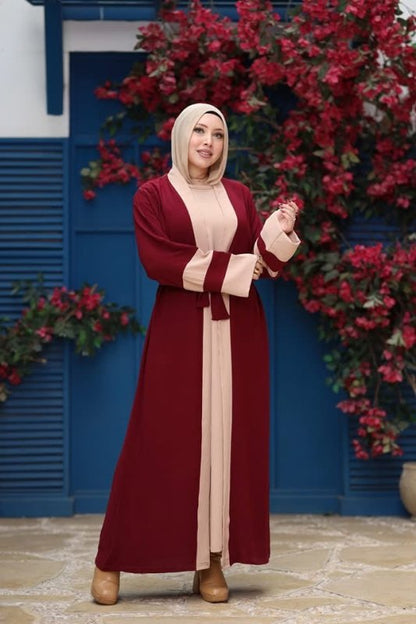 Stylish Burgundy & Beige Contrast Abaya with Belted Waist - Ruehaya